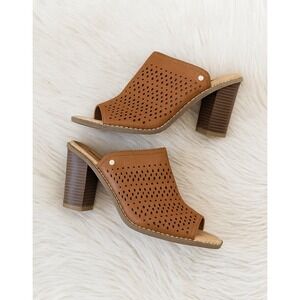 Dr Scholls sz 8.5 Womens Brown Cut Out Leather Open Toe Slip On Heels Chic Comfy